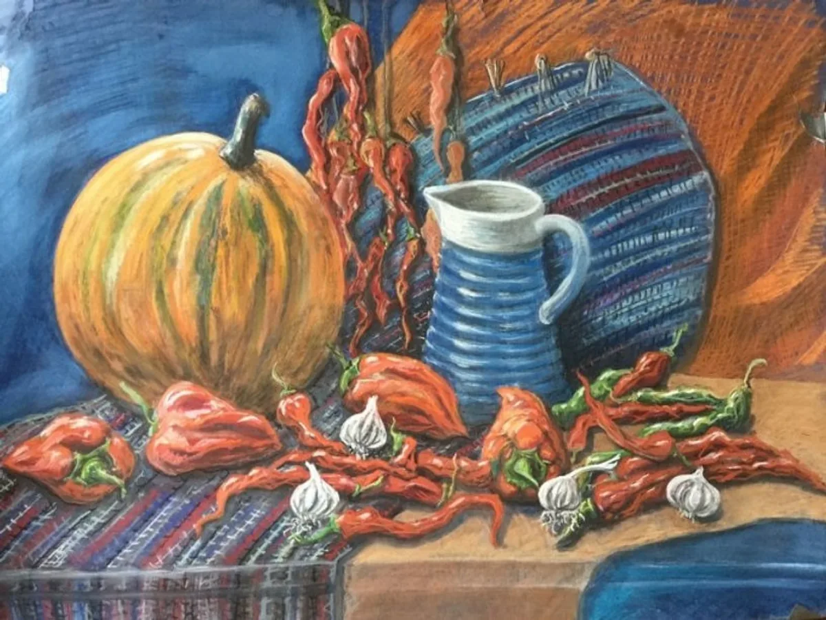 Натюрморт с тыквой и перцами. 2016. Бумага, пастель. 60х80