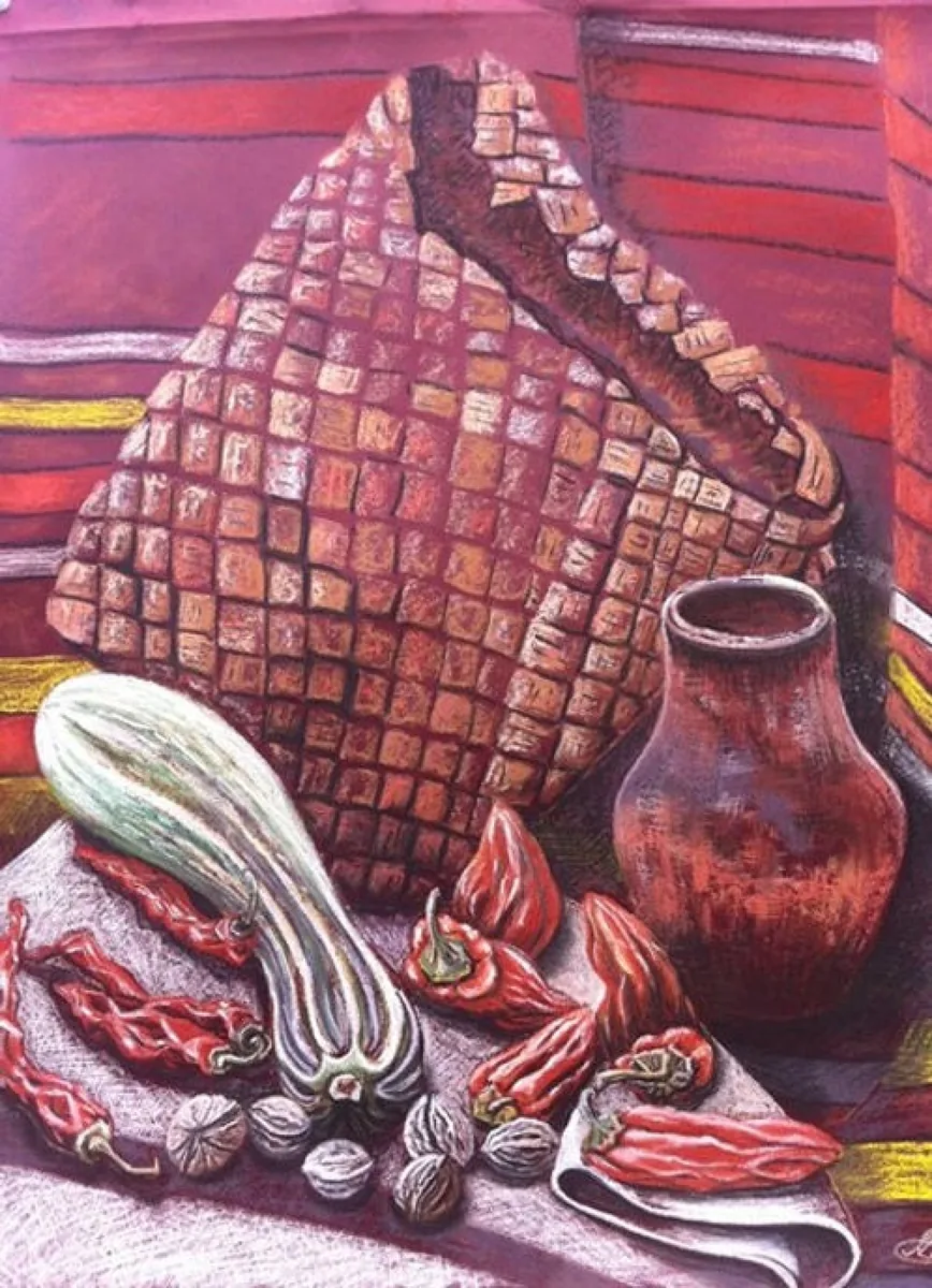 Натюрморт с плетеным туеском. 2013. Бумага, пастель. 80х60