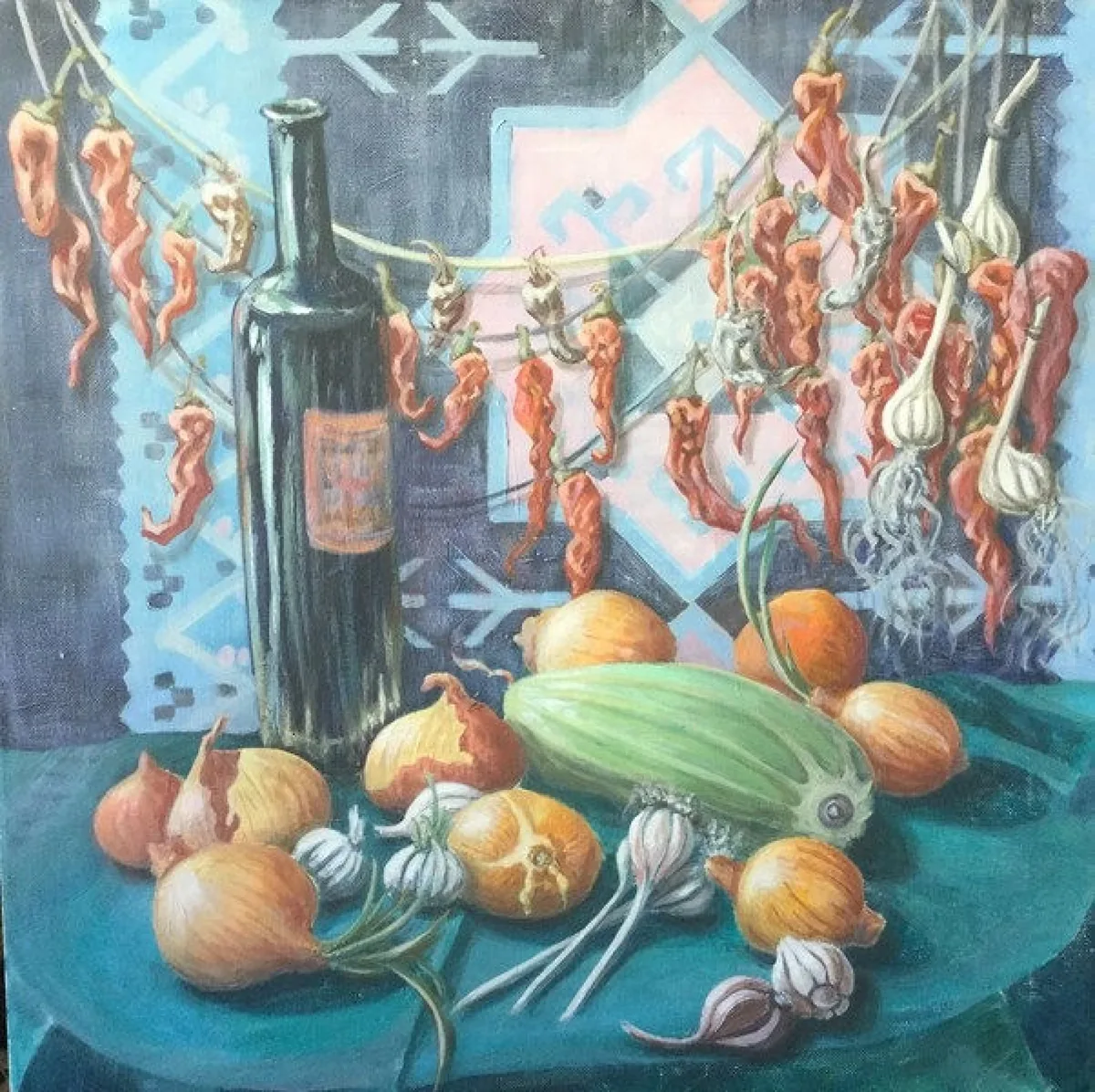 Натюрморт с кабачком и луком. 2016. Холст, акрил. 70х70
